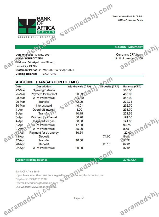 Benin Bank of Africa bank statement easy to fill template in Excel and PDF format